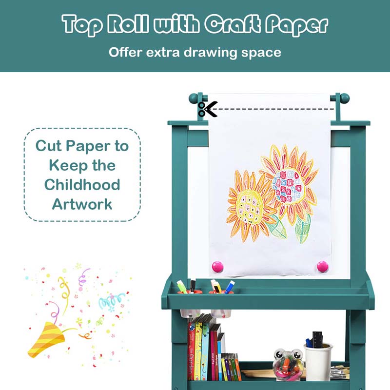 3-in-1 Double-Sided Kids Art Easel, Wooden Toddler Easel with Storage, Magnetic Whiteboard, Chalkboard & Paper Roll for Painting Drawing