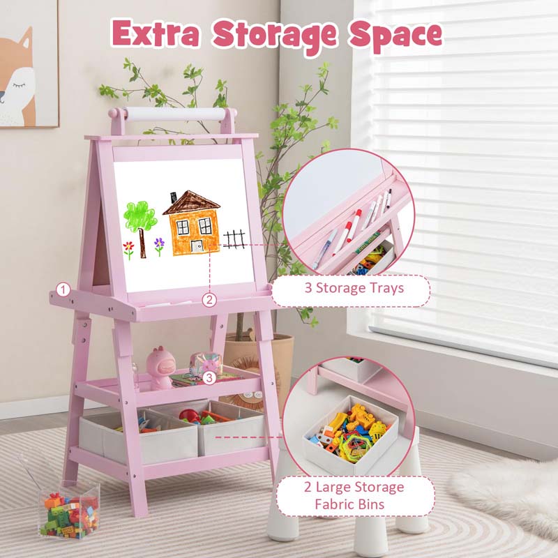 3-in-1 Double-Sided Kids Art Easel, Wooden Toddler Easel with Storage, Magnetic Whiteboard, Chalkboard & Paper Roll for Painting Drawing