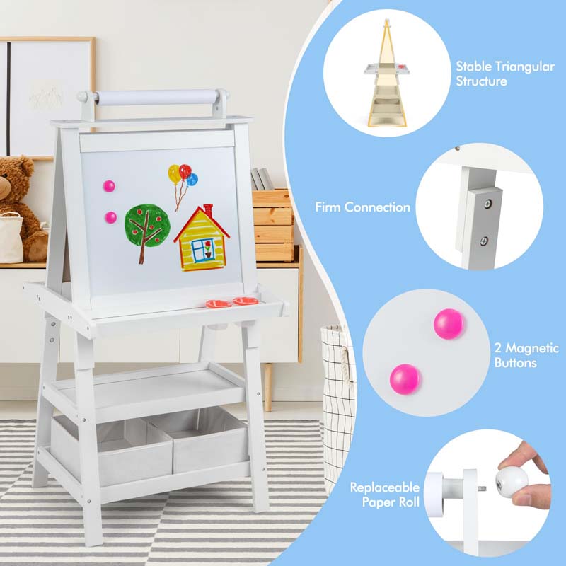 3-in-1 Double-Sided Kids Art Easel, Wooden Toddler Easel with Storage, Magnetic Whiteboard, Chalkboard & Paper Roll for Painting Drawing