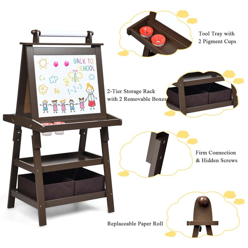 3-in-1 Double-Sided Kids Art Easel, Wooden Toddler Easel with Storage, Magnetic Whiteboard, Chalkboard & Paper Roll for Painting Drawing