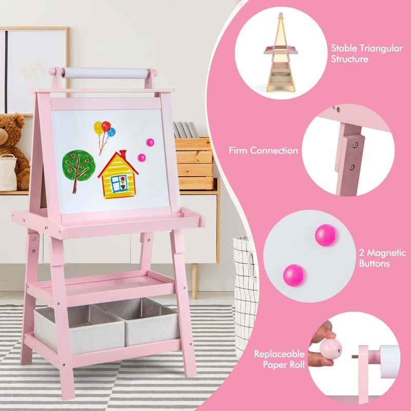 3-in-1 Double-Sided Kids Art Easel, Wooden Toddler Easel with Storage, Magnetic Whiteboard, Chalkboard & Paper Roll for Painting Drawing
