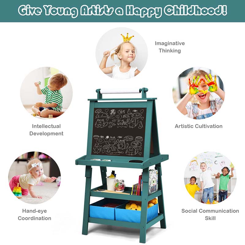 3-in-1 Double-Sided Kids Art Easel, Wooden Toddler Easel with Storage, Magnetic Whiteboard, Chalkboard & Paper Roll for Painting Drawing