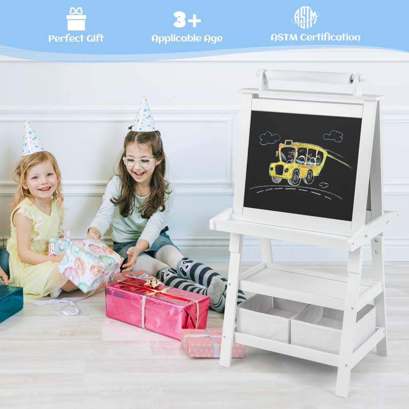 3-in-1 Double-Sided Kids Art Easel, Wooden Toddler Easel with Storage, Magnetic Whiteboard, Chalkboard & Paper Roll for Painting Drawing