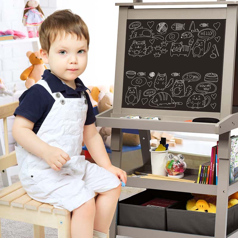 3-in-1 Double-Sided Kids Art Easel, Wooden Toddler Easel with Storage, Magnetic Whiteboard, Chalkboard & Paper Roll for Painting Drawing