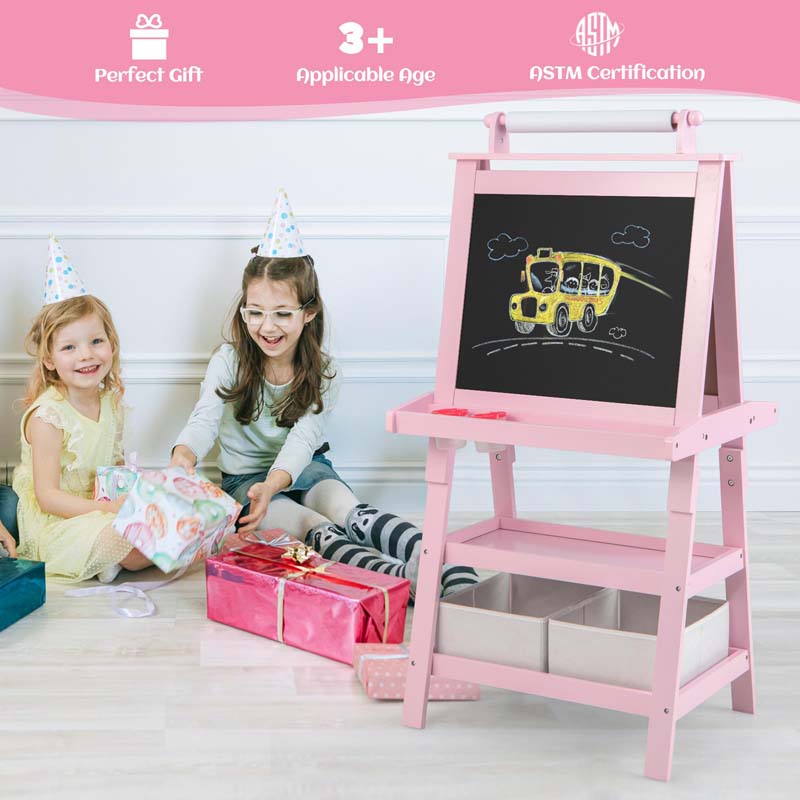 3-in-1 Double-Sided Kids Art Easel, Wooden Toddler Easel with Storage, Magnetic Whiteboard, Chalkboard & Paper Roll for Painting Drawing