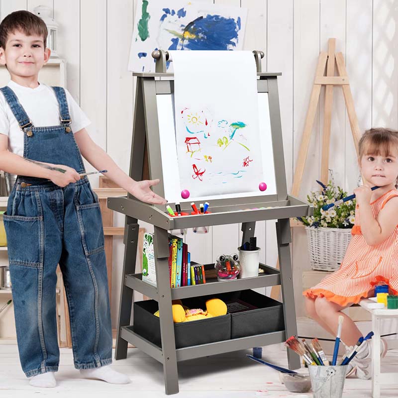 3-in-1 Double-Sided Kids Art Easel, Wooden Toddler Easel with Storage, Magnetic Whiteboard, Chalkboard & Paper Roll for Painting Drawing