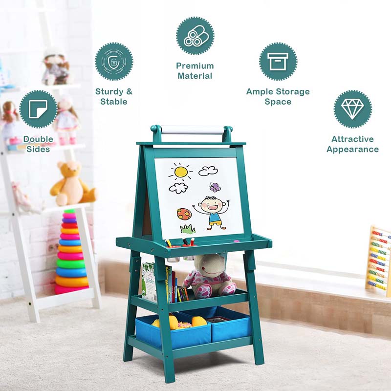 3-in-1 Double-Sided Kids Art Easel, Wooden Toddler Easel with Storage, Magnetic Whiteboard, Chalkboard & Paper Roll for Painting Drawing