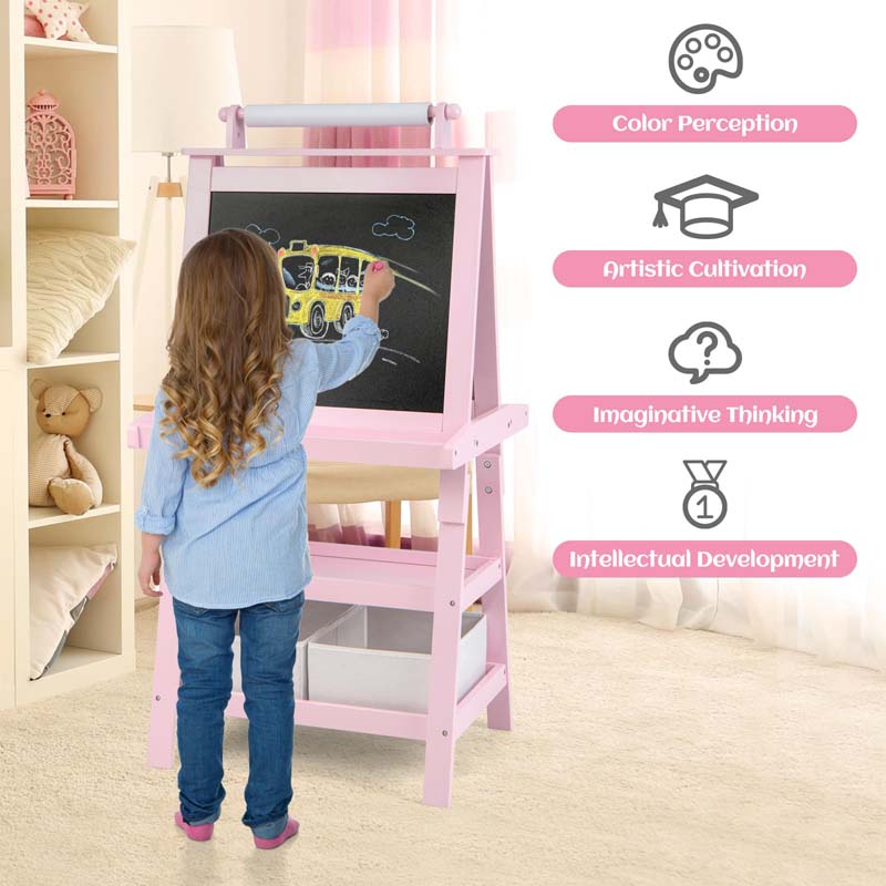 3-in-1 Double-Sided Kids Art Easel, Wooden Toddler Easel with Storage, Magnetic Whiteboard, Chalkboard & Paper Roll for Painting Drawing