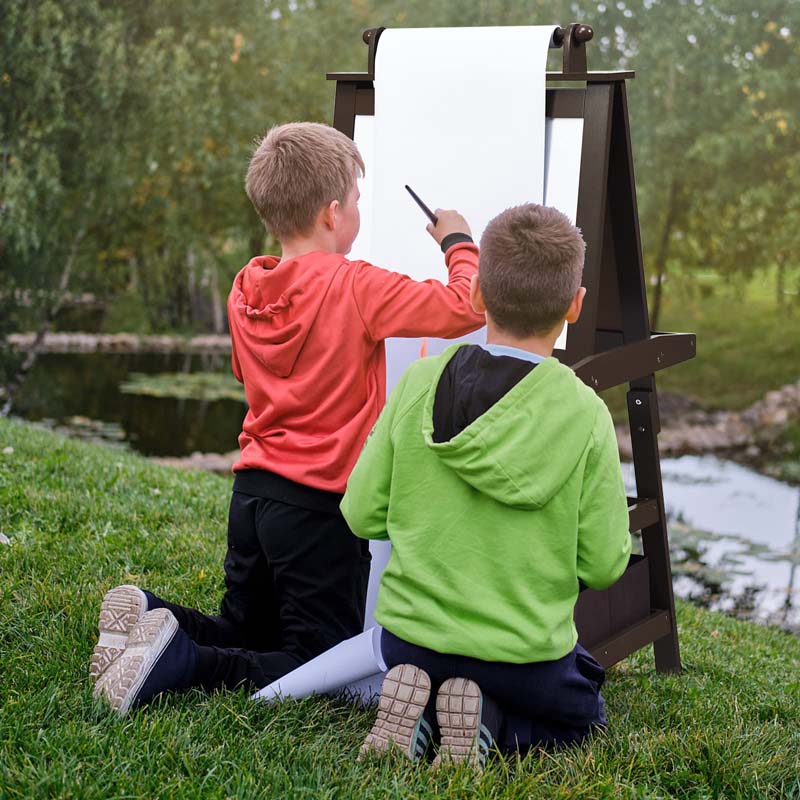 3-in-1 Double-Sided Kids Art Easel, Wooden Toddler Easel with Storage, Magnetic Whiteboard, Chalkboard & Paper Roll for Painting Drawing