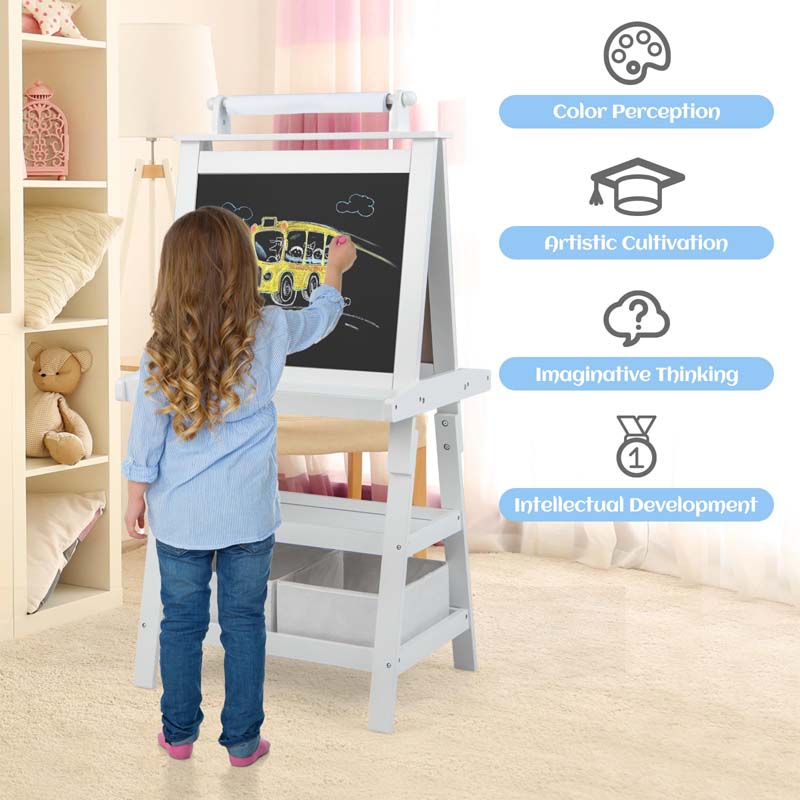 3-in-1 Double-Sided Kids Art Easel, Wooden Toddler Easel with Storage, Magnetic Whiteboard, Chalkboard & Paper Roll for Painting Drawing