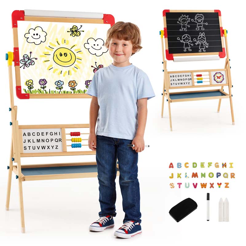 Kids Easel with Paper Roll Double-Sided Whiteboard & Chalkboard