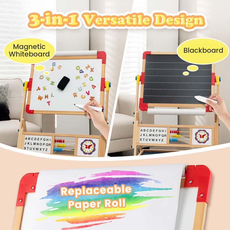 360° Kids Rotatable Wooden Art Easel, 3-in-1 Adjustable Double Sided Drawing Board with Whiteboard, Chalkboard & Paper Roll