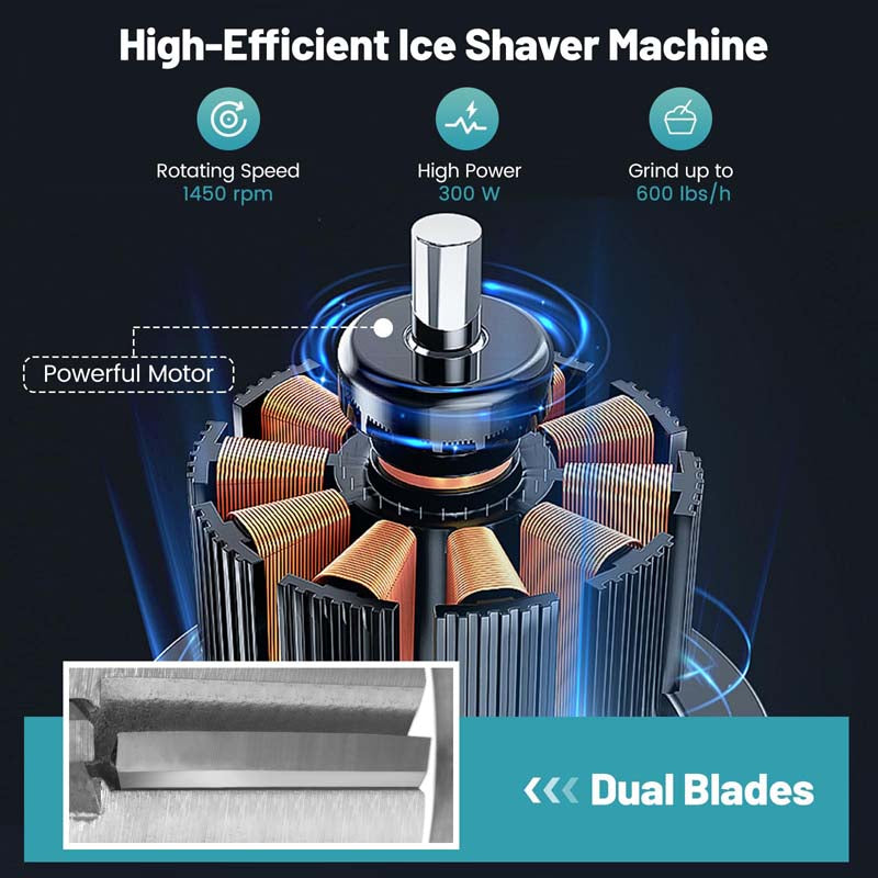 660LBS/H Commercial Ice Crusher, 300W ETL-Approved Stainless Steel Snow Cone Machine with Dual Blades & Safety Switch for Home Restaurant Bar