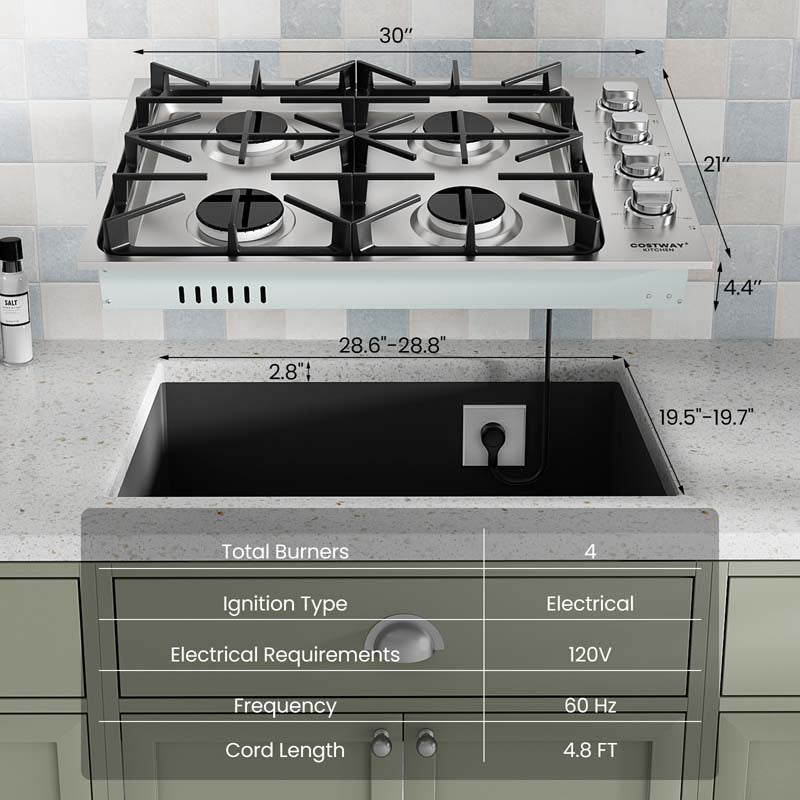 30/36" Gas Cooktop Stainless Steel Gas Stove Top with 4/6 Sealed Burners, ABS Knobs, NG/LP Convertible Gas Range Top for Kitchen