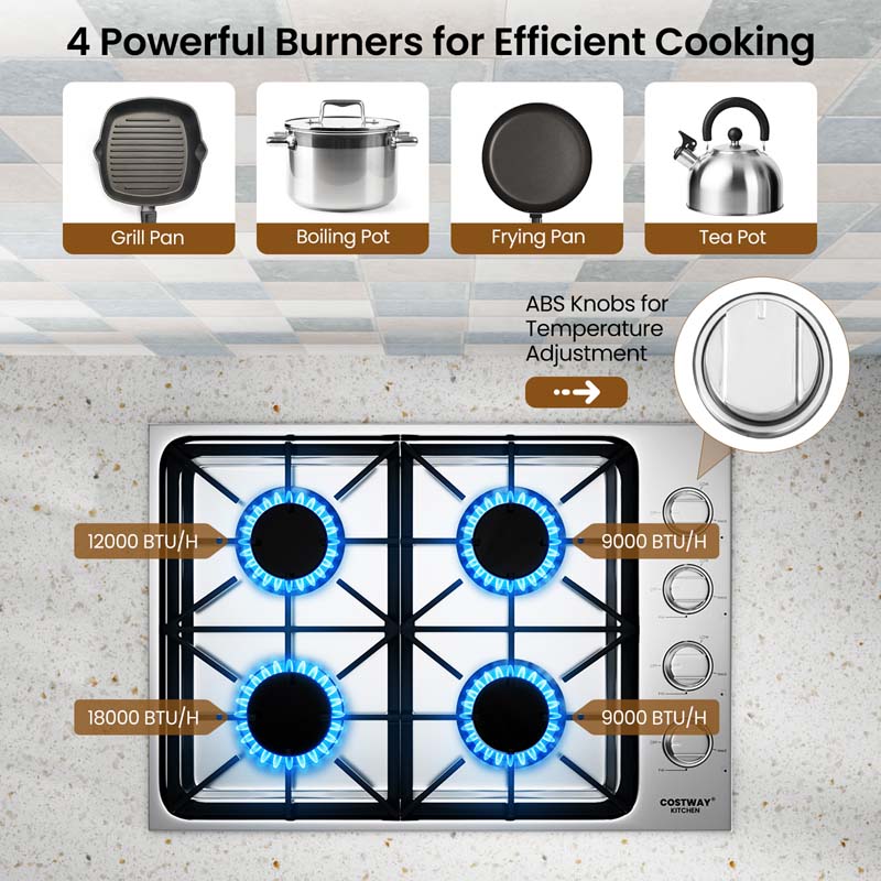 30/36" Gas Cooktop Stainless Steel Gas Stove Top with 4/6 Sealed Burners, ABS Knobs, NG/LP Convertible Gas Range Top for Kitchen