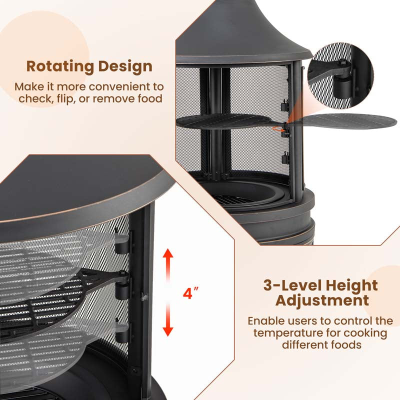 30" 2-in-1 Metal Chiminea Fire Pit with Adjustable Grill & Chimney, Outdoor Wood Burning Chiminea Fireplace with Spark Screen for Patio Backyard BBQ