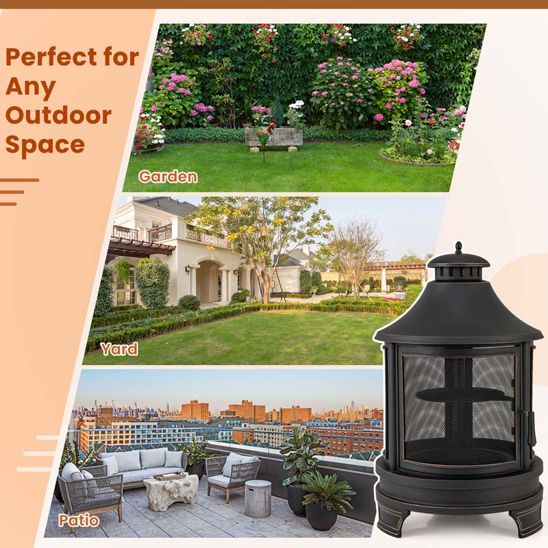 30" 2-in-1 Metal Chiminea Fire Pit with Adjustable Grill & Chimney, Outdoor Wood Burning Chiminea Fireplace with Spark Screen for Patio Backyard BBQ