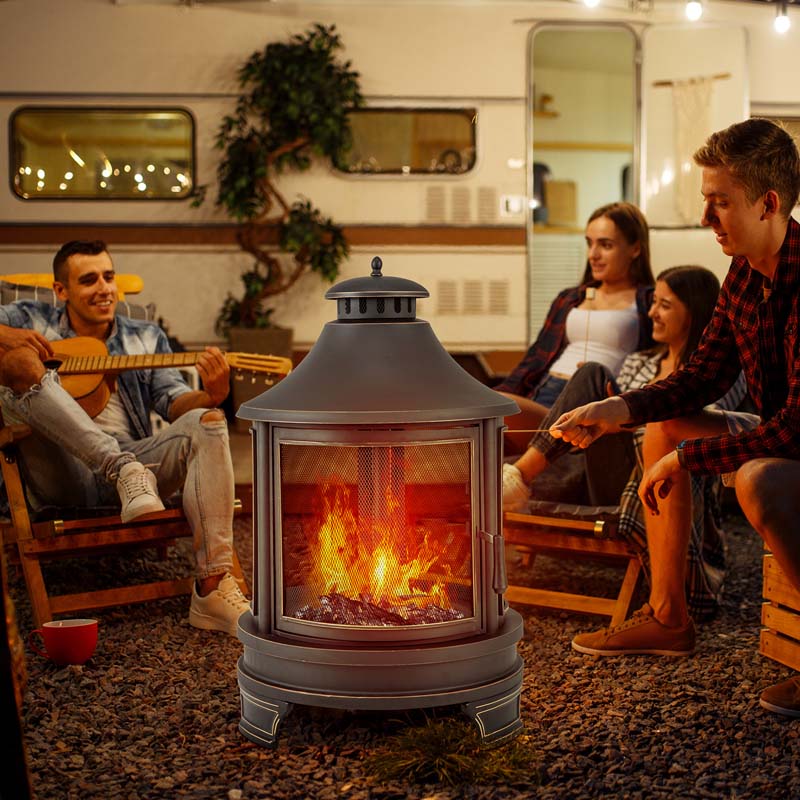 30" 2-in-1 Metal Chiminea Fire Pit with Adjustable Grill & Chimney, Outdoor Wood Burning Chiminea Fireplace with Spark Screen for Patio Backyard BBQ