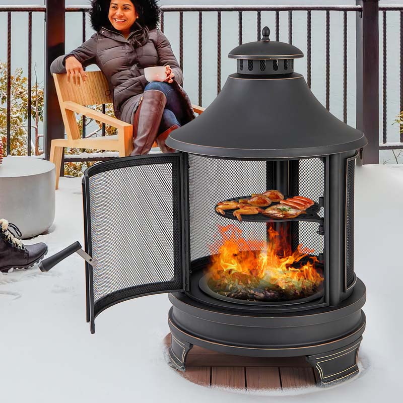 30" 2-in-1 Metal Chiminea Fire Pit with Adjustable Grill & Chimney, Outdoor Wood Burning Chiminea Fireplace with Spark Screen for Patio Backyard BBQ