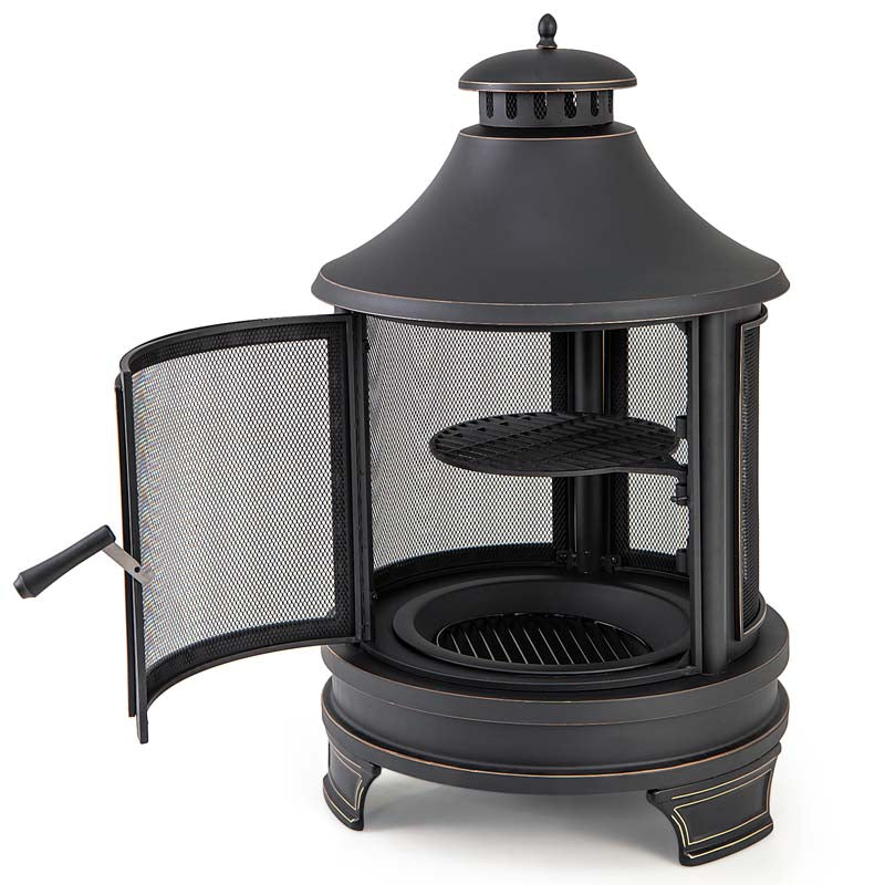 30" 2-in-1 Metal Chiminea Fire Pit with Adjustable Grill & Chimney, Outdoor Wood Burning Chiminea Fireplace with Spark Screen for Patio Backyard BBQ