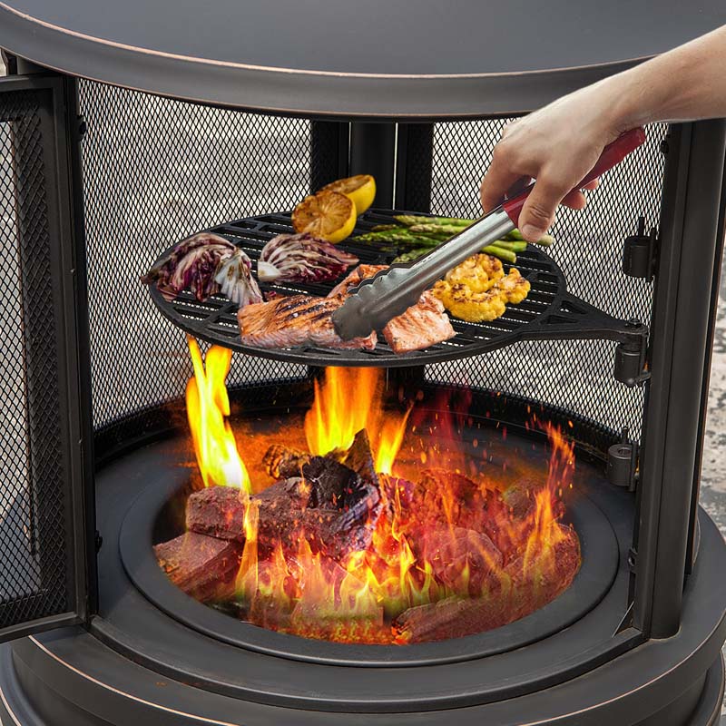 30" 2-in-1 Metal Chiminea Fire Pit with Adjustable Grill & Chimney, Outdoor Wood Burning Chiminea Fireplace with Spark Screen for Patio Backyard BBQ