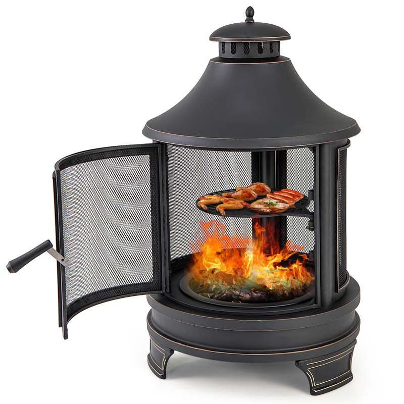 30" 2-in-1 Metal Chiminea Fire Pit with Adjustable Grill & Chimney, Outdoor Wood Burning Chiminea Fireplace with Spark Screen for Patio Backyard BBQ