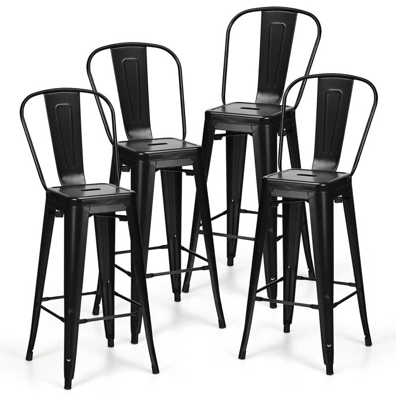 Industrial Stackable Metal Bar Stools Set of 4 with Removable Back & Footrest, 30" High Back Bar Height Chairs for Kitchen Island, Home Pub