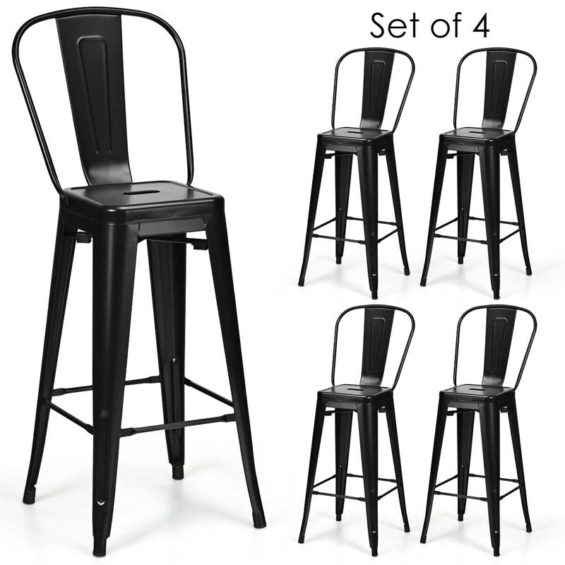 Industrial Stackable Metal Bar Stools Set of 4 with Removable Back & Footrest, 30" High Back Bar Height Chairs for Kitchen Island, Home Pub