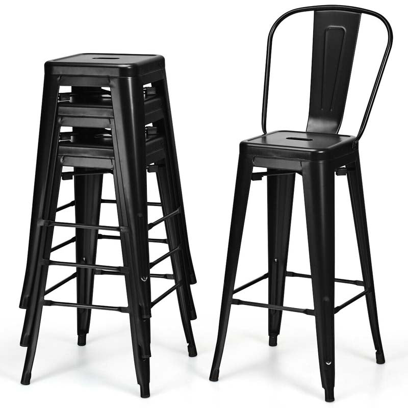 Industrial Stackable Metal Bar Stools Set of 4 with Removable Back & Footrest, 30" High Back Bar Height Chairs for Kitchen Island, Home Pub