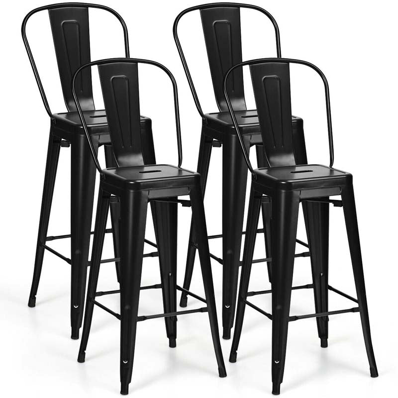 Industrial Stackable Metal Bar Stools Set of 4 with Removable Back & Footrest, 30" High Back Bar Height Chairs for Kitchen Island, Home Pub