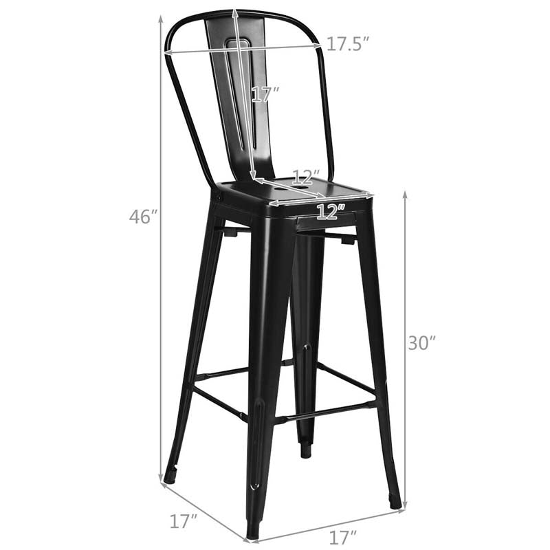 Industrial Stackable Metal Bar Stools Set of 4 with Removable Back & Footrest, 30" High Back Bar Height Chairs for Kitchen Island, Home Pub