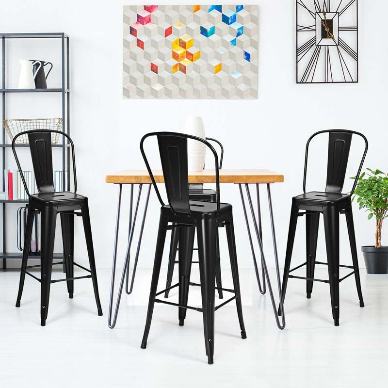 Industrial Stackable Metal Bar Stools Set of 4 with Removable Back & Footrest, 30" High Back Bar Height Chairs for Kitchen Island, Home Pub