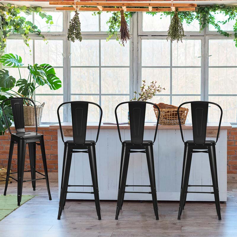 Industrial Stackable Metal Bar Stools Set of 4 with Removable Back & Footrest, 30" High Back Bar Height Chairs for Kitchen Island, Home Pub