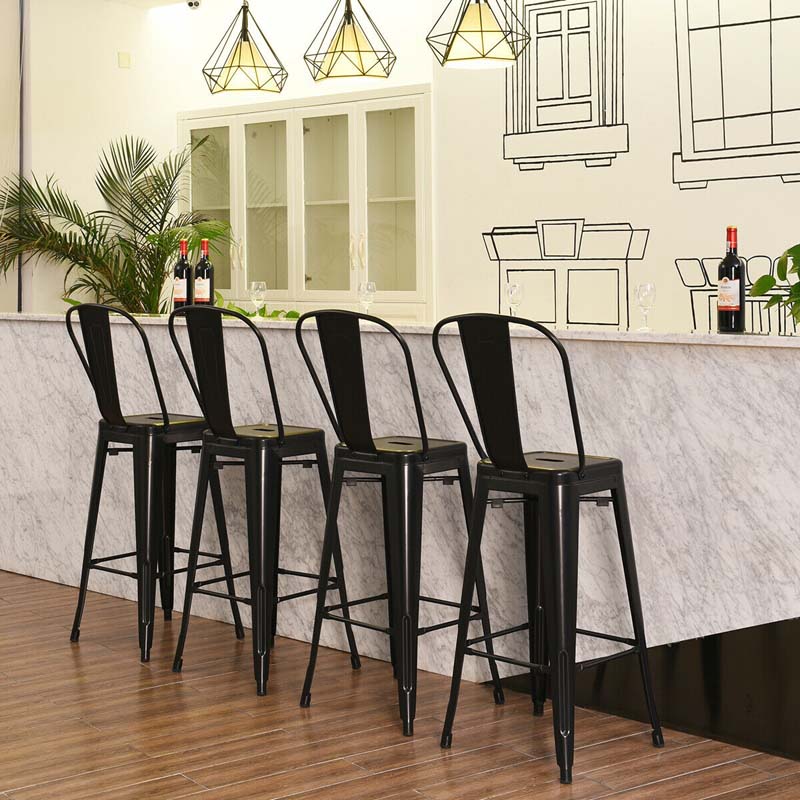 Industrial Stackable Metal Bar Stools Set of 4 with Removable Back & Footrest, 30" High Back Bar Height Chairs for Kitchen Island, Home Pub