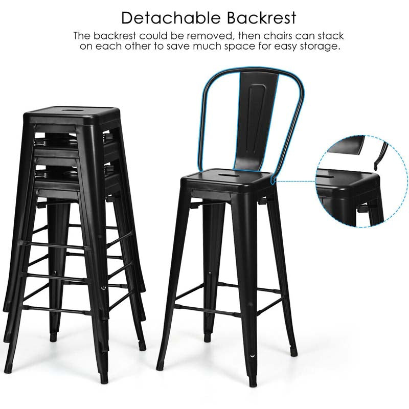 Industrial Stackable Metal Bar Stools Set of 4 with Removable Back & Footrest, 30" High Back Bar Height Chairs for Kitchen Island, Home Pub