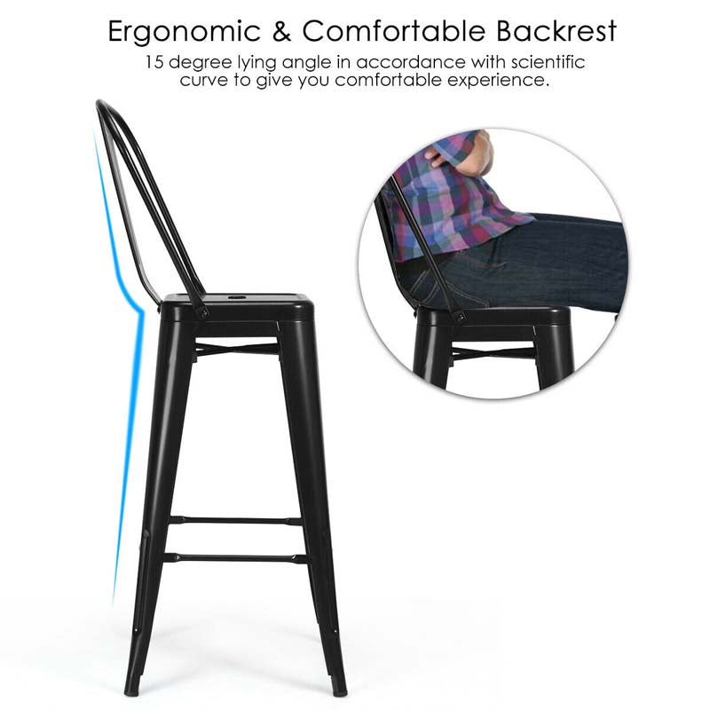 Industrial Stackable Metal Bar Stools Set of 4 with Removable Back & Footrest, 30" High Back Bar Height Chairs for Kitchen Island, Home Pub