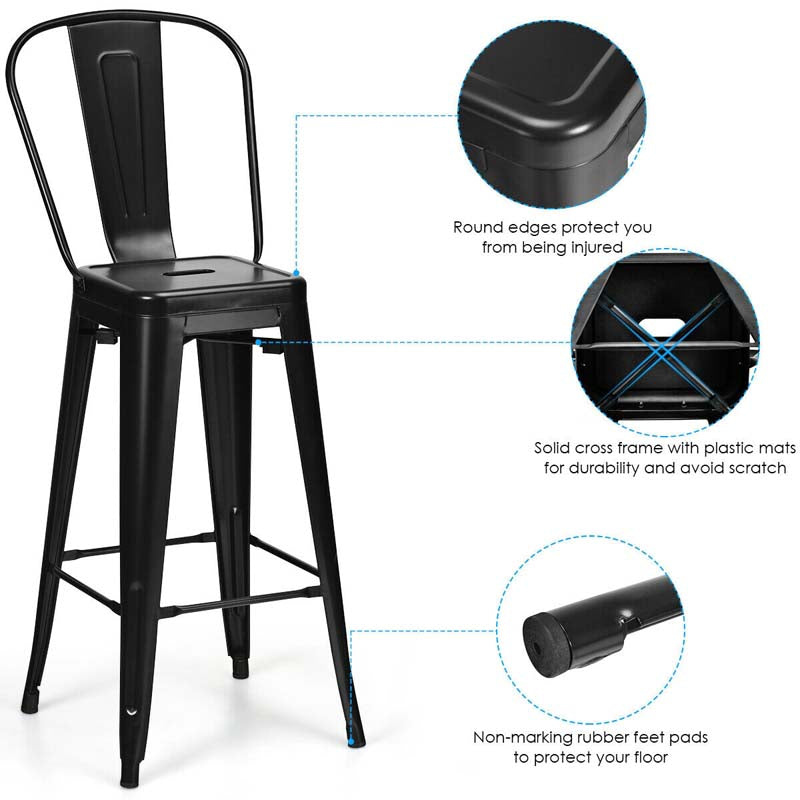 Industrial Stackable Metal Bar Stools Set of 4 with Removable Back & Footrest, 30" High Back Bar Height Chairs for Kitchen Island, Home Pub