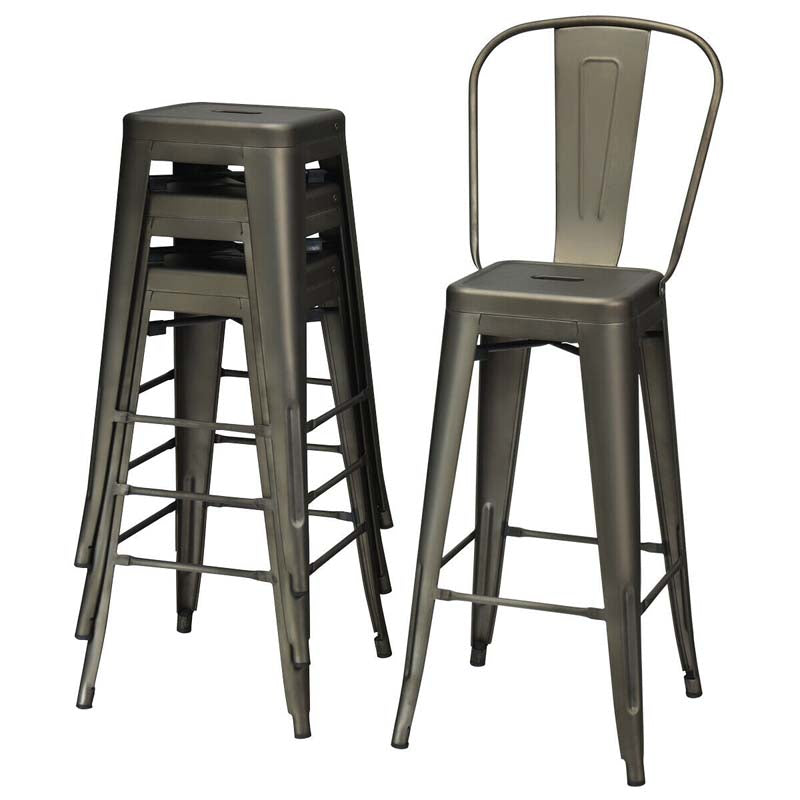 Industrial Stackable Metal Bar Stools Set of 4 with Removable Back & Footrest, 30" High Back Bar Height Chairs for Kitchen Island, Home Pub