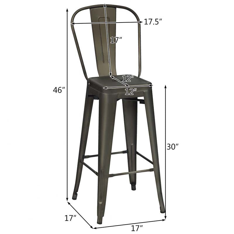 Industrial Stackable Metal Bar Stools Set of 4 with Removable Back & Footrest, 30" High Back Bar Height Chairs for Kitchen Island, Home Pub