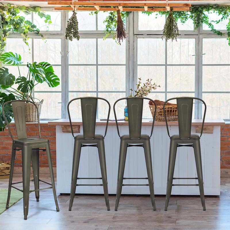 Industrial Stackable Metal Bar Stools Set of 4 with Removable Back & Footrest, 30" High Back Bar Height Chairs for Kitchen Island, Home Pub