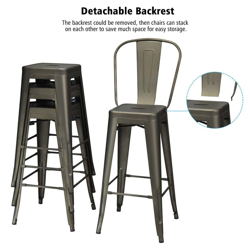 Industrial Stackable Metal Bar Stools Set of 4 with Removable Back & Footrest, 30" High Back Bar Height Chairs for Kitchen Island, Home Pub