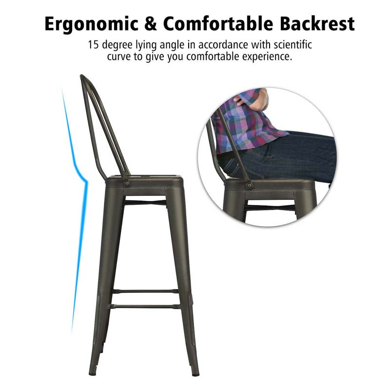 Industrial Stackable Metal Bar Stools Set of 4 with Removable Back & Footrest, 30" High Back Bar Height Chairs for Kitchen Island, Home Pub