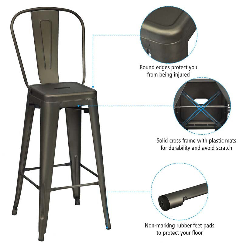 Industrial Stackable Metal Bar Stools Set of 4 with Removable Back & Footrest, 30" High Back Bar Height Chairs for Kitchen Island, Home Pub
