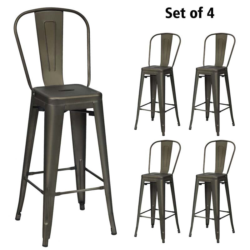 Industrial Stackable Metal Bar Stools Set of 4 with Removable Back & Footrest, 30" High Back Bar Height Chairs for Kitchen Island, Home Pub