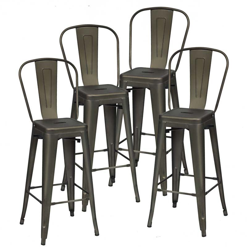 Industrial Stackable Metal Bar Stools Set of 4 with Removable Back & Footrest, 30" High Back Bar Height Chairs for Kitchen Island, Home Pub