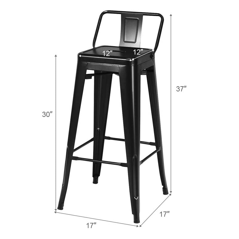 Industrial Stackable Metal Bar Stools Set of 4, 30" Low Back Bar Height Chairs with Removable Back & Footrest for Kitchen Island Indoor Outdoor