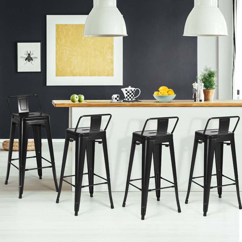 Industrial Stackable Metal Bar Stools Set of 4, 30" Low Back Bar Height Chairs with Removable Back & Footrest for Kitchen Island Indoor Outdoor