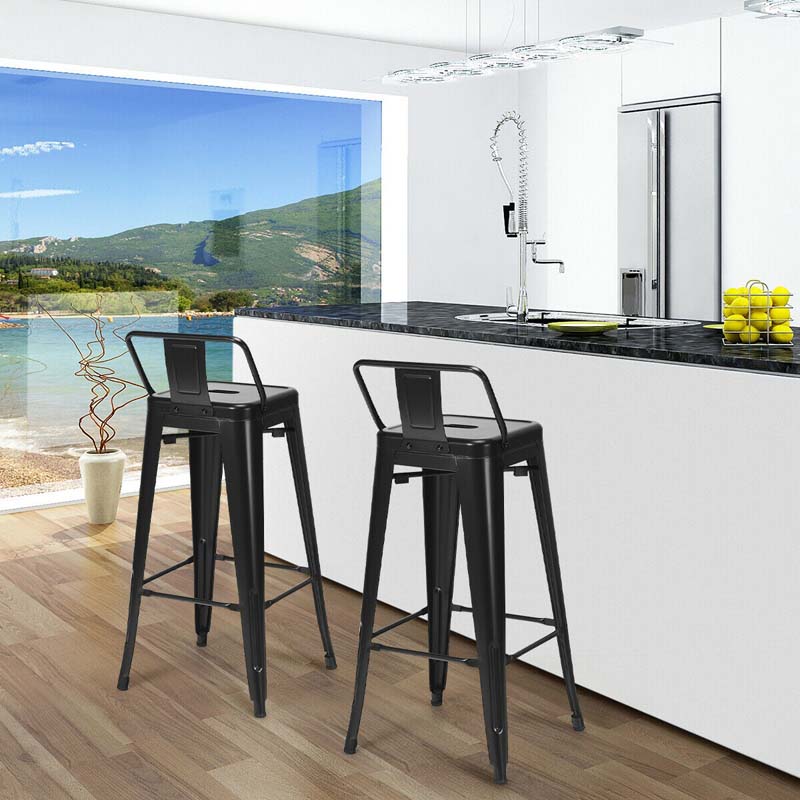 Industrial Stackable Metal Bar Stools Set of 4, 30" Low Back Bar Height Chairs with Removable Back & Footrest for Kitchen Island Indoor Outdoor