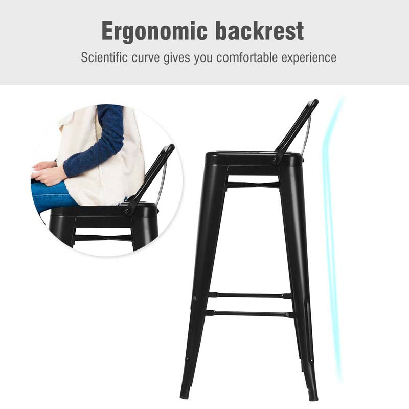 Industrial Stackable Metal Bar Stools Set of 4, 30" Low Back Bar Height Chairs with Removable Back & Footrest for Kitchen Island Indoor Outdoor