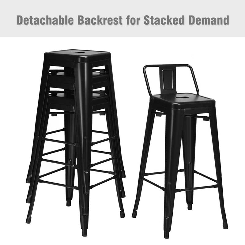 Industrial Stackable Metal Bar Stools Set of 4, 30" Low Back Bar Height Chairs with Removable Back & Footrest for Kitchen Island Indoor Outdoor